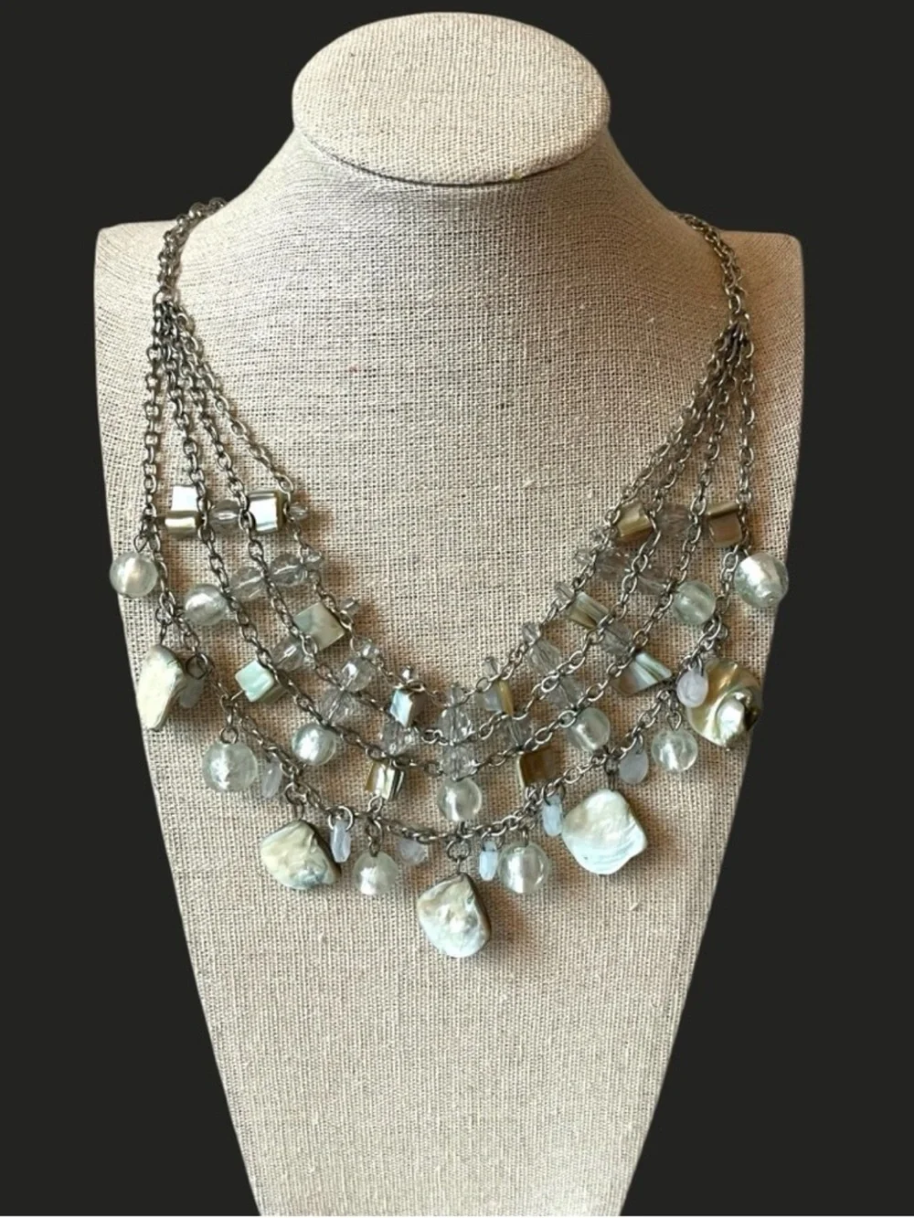 Vintage Silver Chain Multi Strand Natural Abalone Bib Necklace